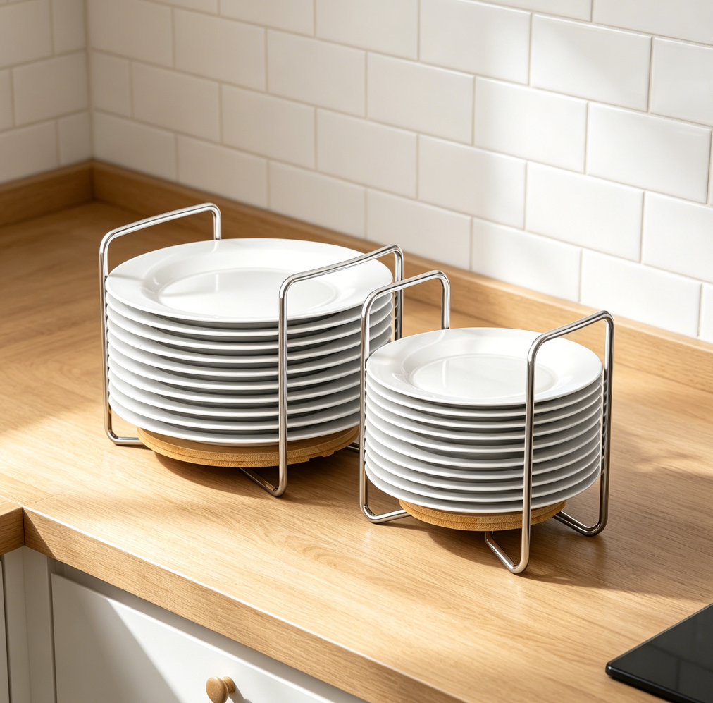 Adjustable Bamboo Dish Rack with Stainless Steel Plate Stand, Organiser for Kitchen Counter and Cabinet - Image 2