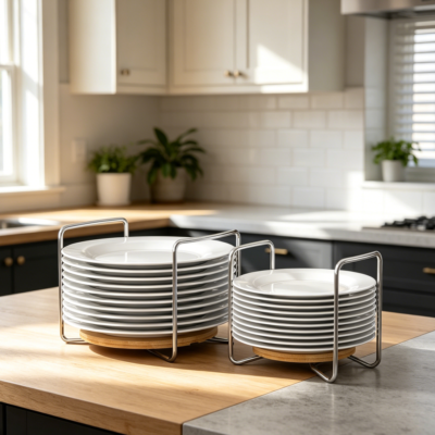 Adjustable Bamboo Dish Rack with Stainless Steel Plate Stand, Organiser for Kitchen Counter and Cabinet