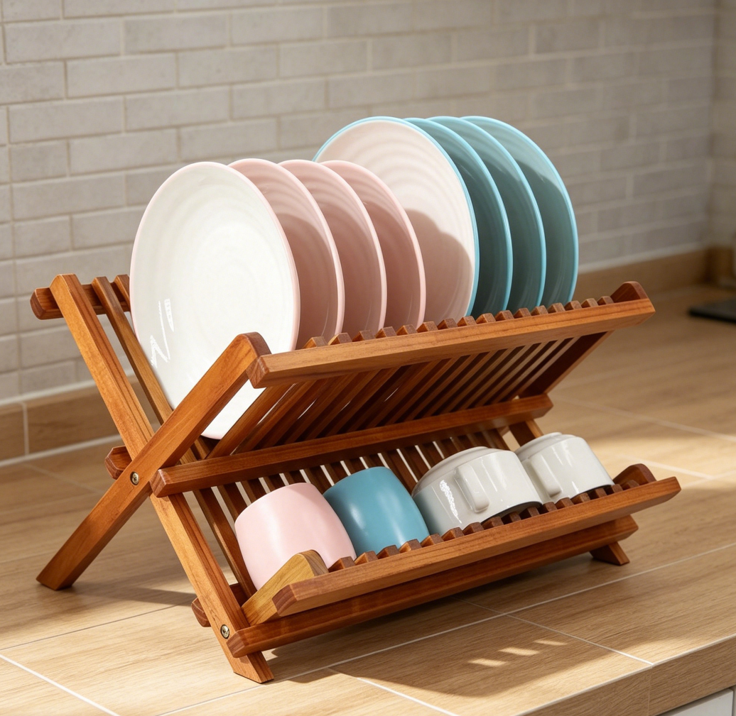 Collapsible 2-Tier Teak Dish Drying Rack, Foldable Plate Organiser for Compact Countertops - Image 2