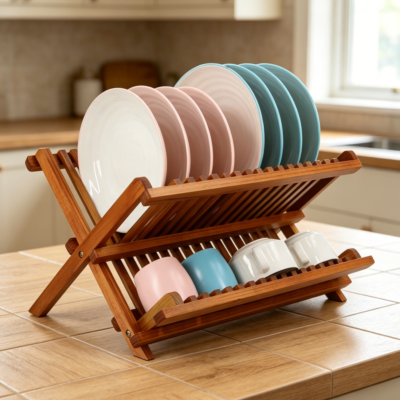 Collapsible 2-Tier Teak Dish Drying Rack, Foldable Plate Organiser for Compact Countertops