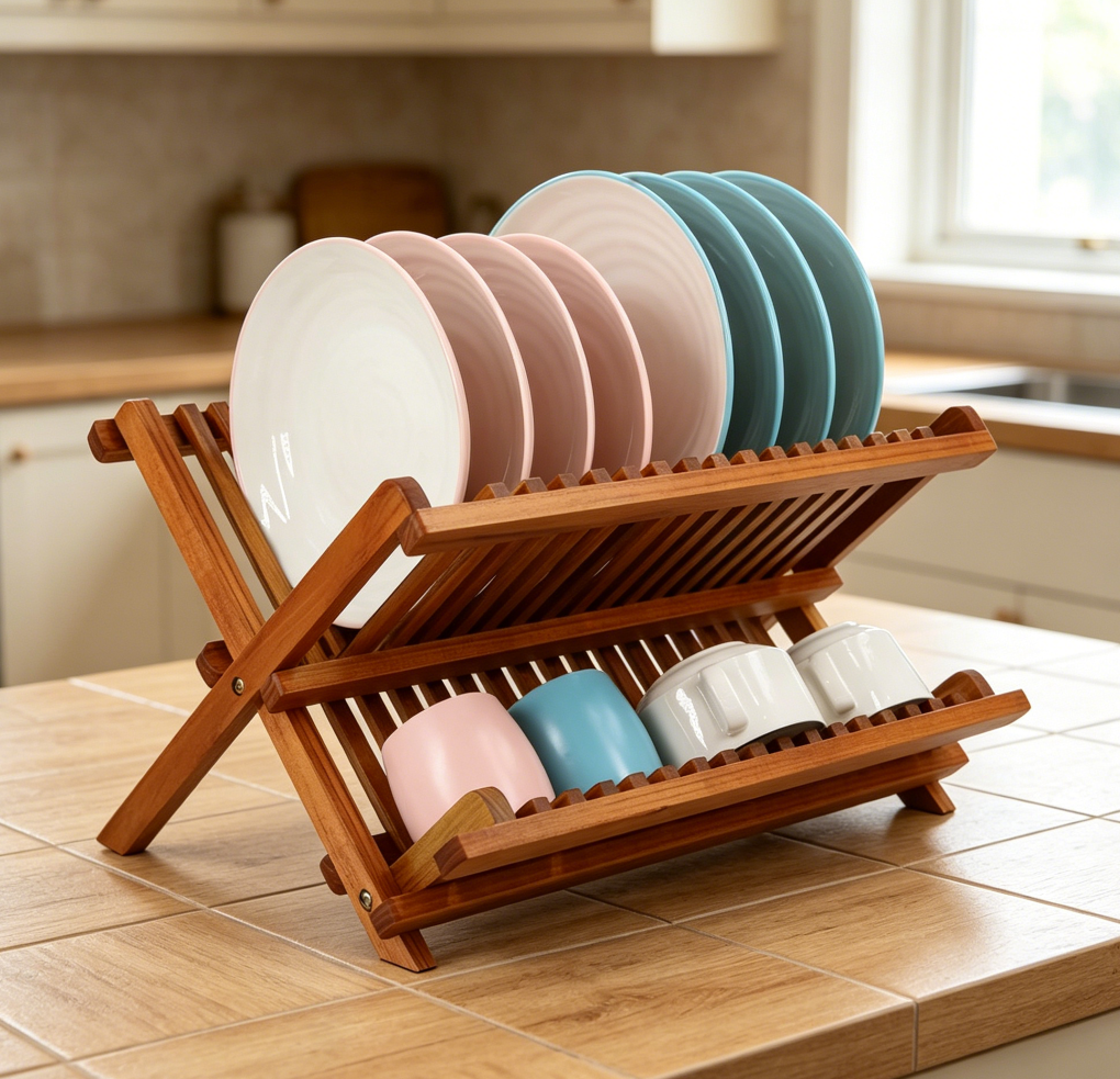 Collapsible 2-Tier Teak Dish Drying Rack, Foldable Plate Organiser for Compact Countertops