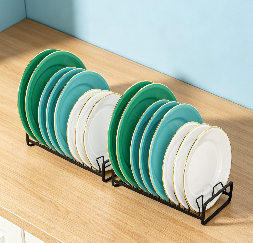 2-Pack 8-Slot Vertical Plate Organiser Rack for Kitchen Cabinet and Countertop, Black - Image 2