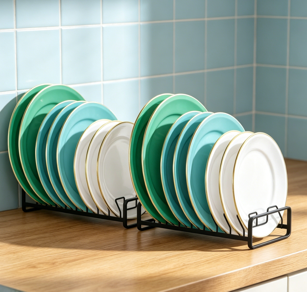 2-Pack 8-Slot Vertical Plate Organiser Rack for Kitchen Cabinet and Countertop, Black