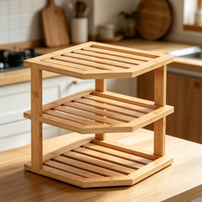 2-Pack 3-Tier Bamboo Corner Shelf, Plate Organiser and Spice Rack for Kitchen Counter and Cabinet