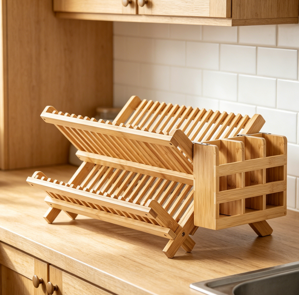 Collapsible 2-Tier Bamboo Dish Drying Rack with Utensil and Cutlery Holder - Image 2