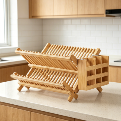 Collapsible 2-Tier Bamboo Dish Drying Rack with Utensil and Cutlery Holder