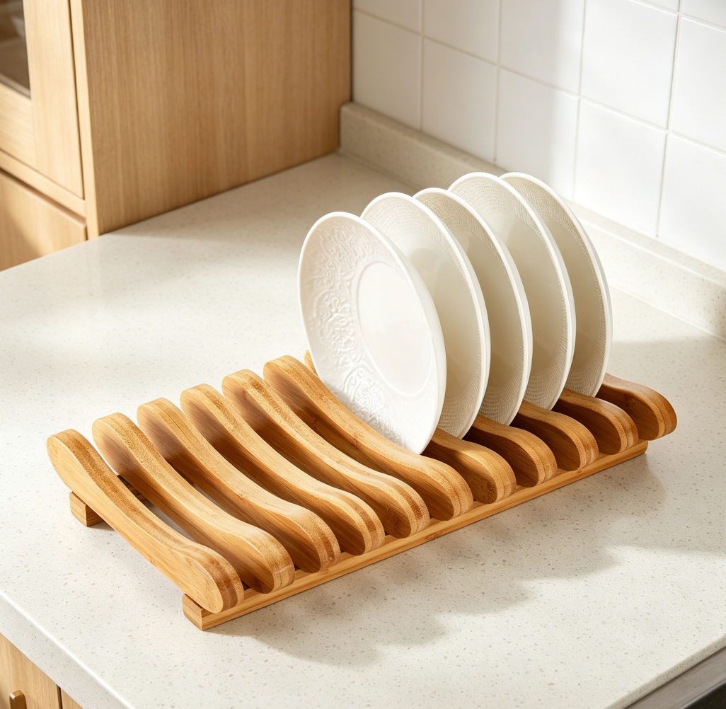 10-Slot Bamboo Dish Drying Rack with Pot Lid Holder, Wooden Plate Stand for Kitchen Counter and Cabinet - Image 2