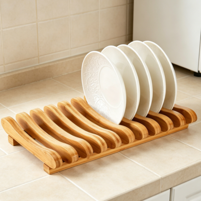 10-Slot Bamboo Dish Drying Rack with Pot Lid Holder, Wooden Plate Stand for Kitchen Counter and Cabinet