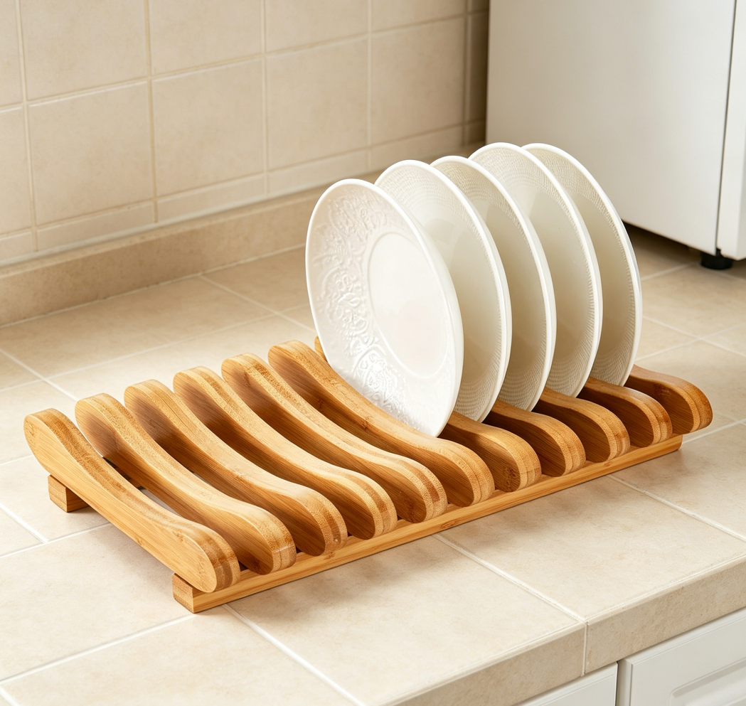 10-Slot Bamboo Dish Drying Rack with Pot Lid Holder, Wooden Plate Stand for Kitchen Counter and Cabinet