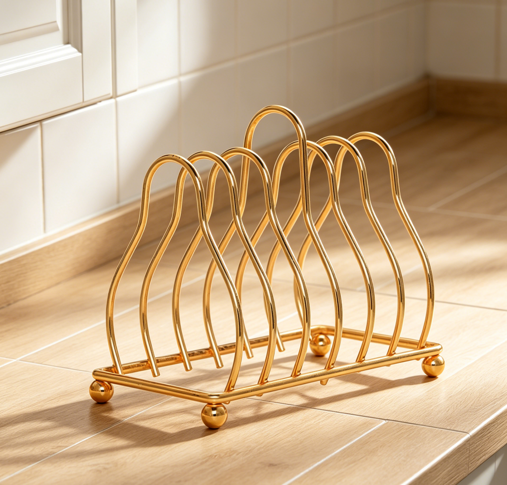 6-Slot Iron Metal Plate Organiser and Dish Rack for Pots, Cups and Lids, Gold Finish - Image 2