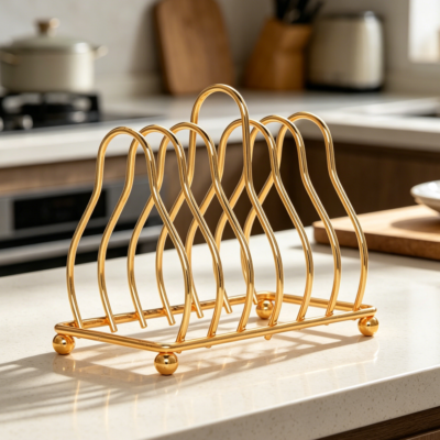 6-Slot Iron Metal Plate Organiser and Dish Rack for Pots, Cups and Lids, Gold Finish