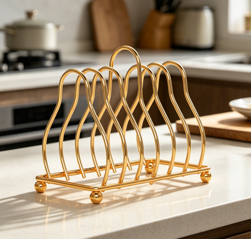 6-Slot Iron Metal Plate Organiser and Dish Rack for Pots, Cups and Lids, Gold Finish