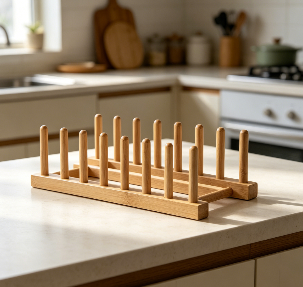 Bamboo Wood Plate Rack and Pot Lid Holder