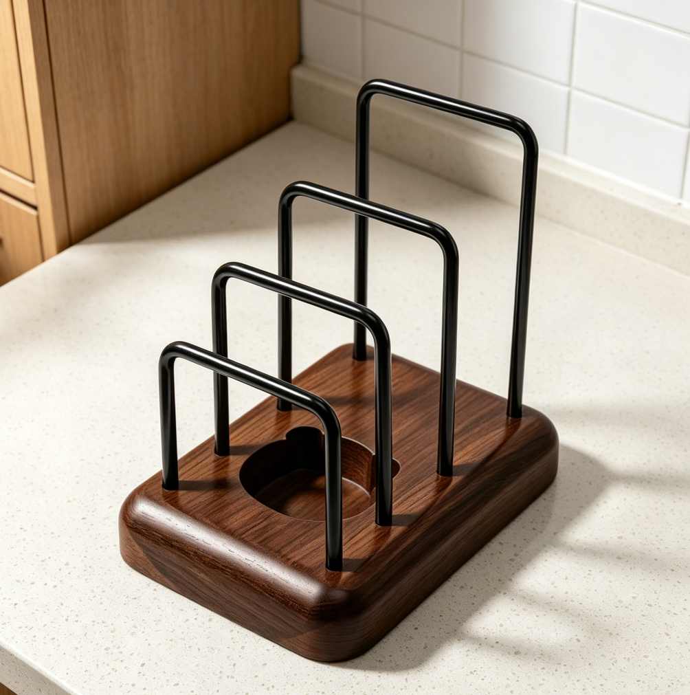 3-Slot Walnut Base Chopping Board Rack, Cutting Board and Pot Lid Holder, Storage Divider for Kitchen - Image 2