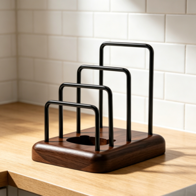 3-Slot Walnut Base Chopping Board Rack, Cutting Board and Pot Lid Holder, Storage Divider for Kitchen