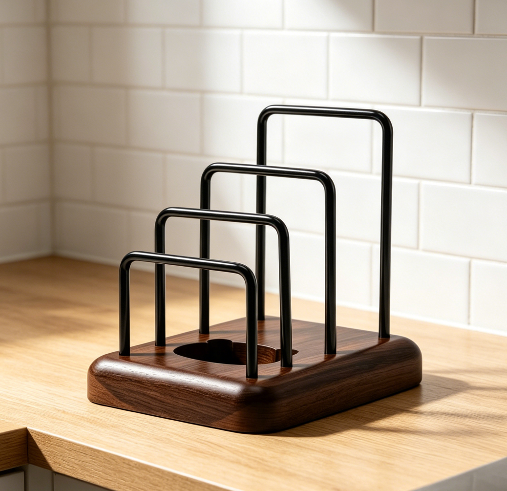 3-Slot Walnut Base Chopping Board Rack, Cutting Board and Pot Lid Holder, Storage Divider for Kitchen