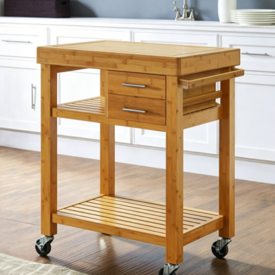 Bamboo Butcher Block Rolling Kitchen Island Cart with Drawers, Open Shelves, Towel Rack and Locking Castors