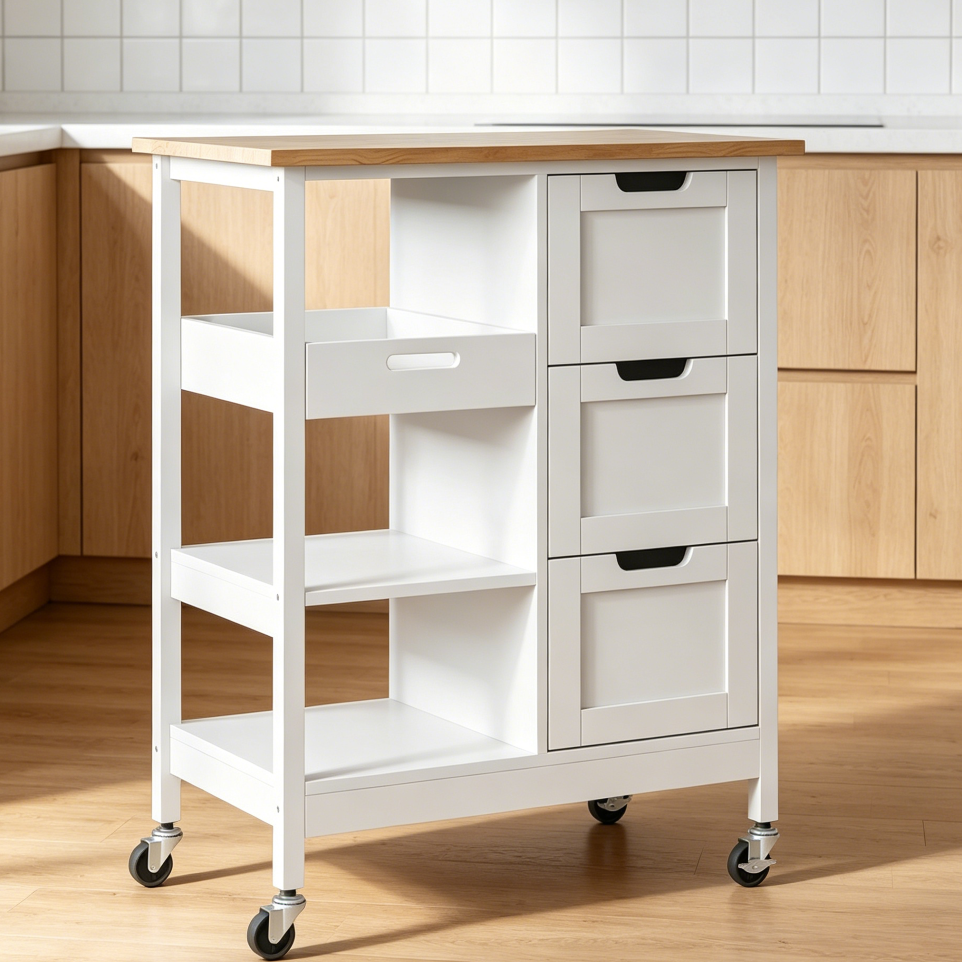 Small Solid Wood Top Kitchen Island Trolley on Wheels, Oak and White, 3-Drawer Cabinet, Portable Serving Storage - Image 2