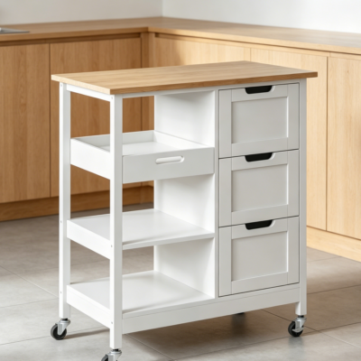 Small Solid Wood Top Kitchen Island Trolley on Wheels, Oak and White, 3-Drawer Cabinet, Portable Serving Storage