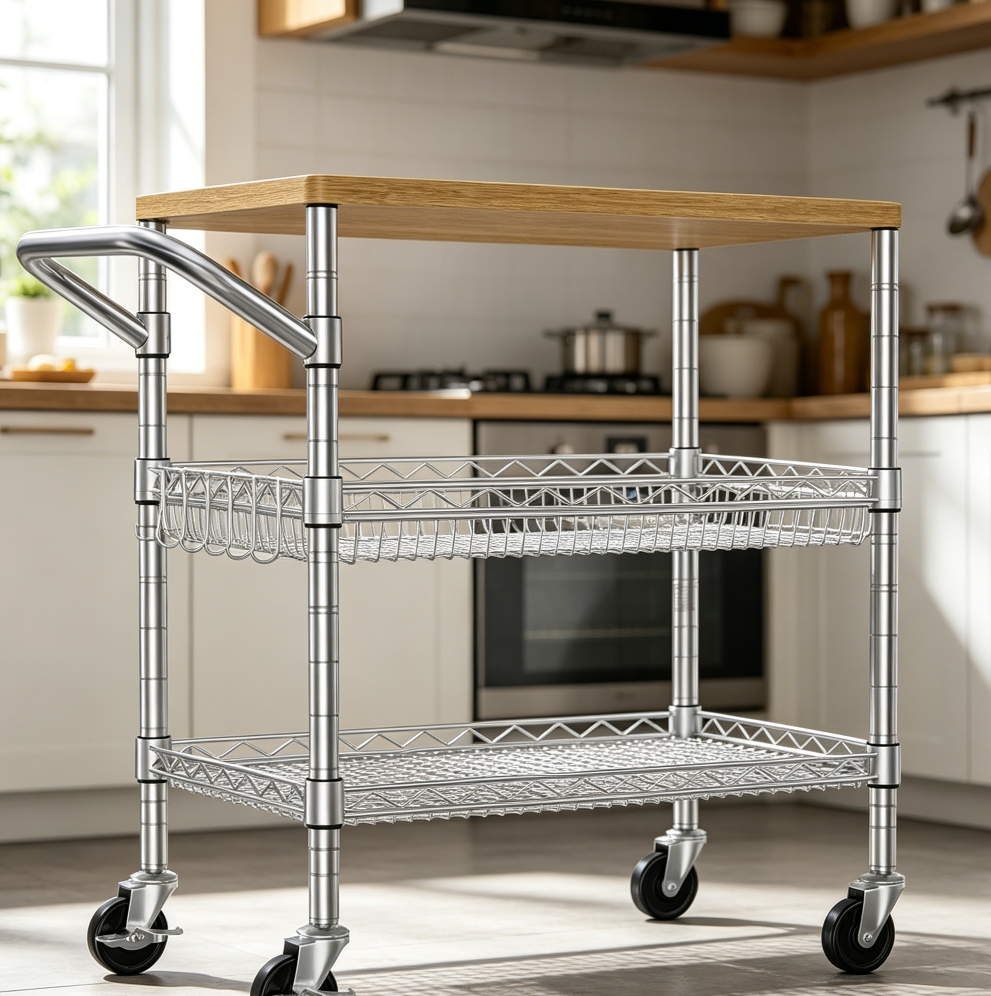 Heavy-Duty 3-Tier Rolling Kitchen Cart, 650 lbs Capacity, Wood Tabletop and Metal Frame, for Appliances and Food Preparation - Image 2