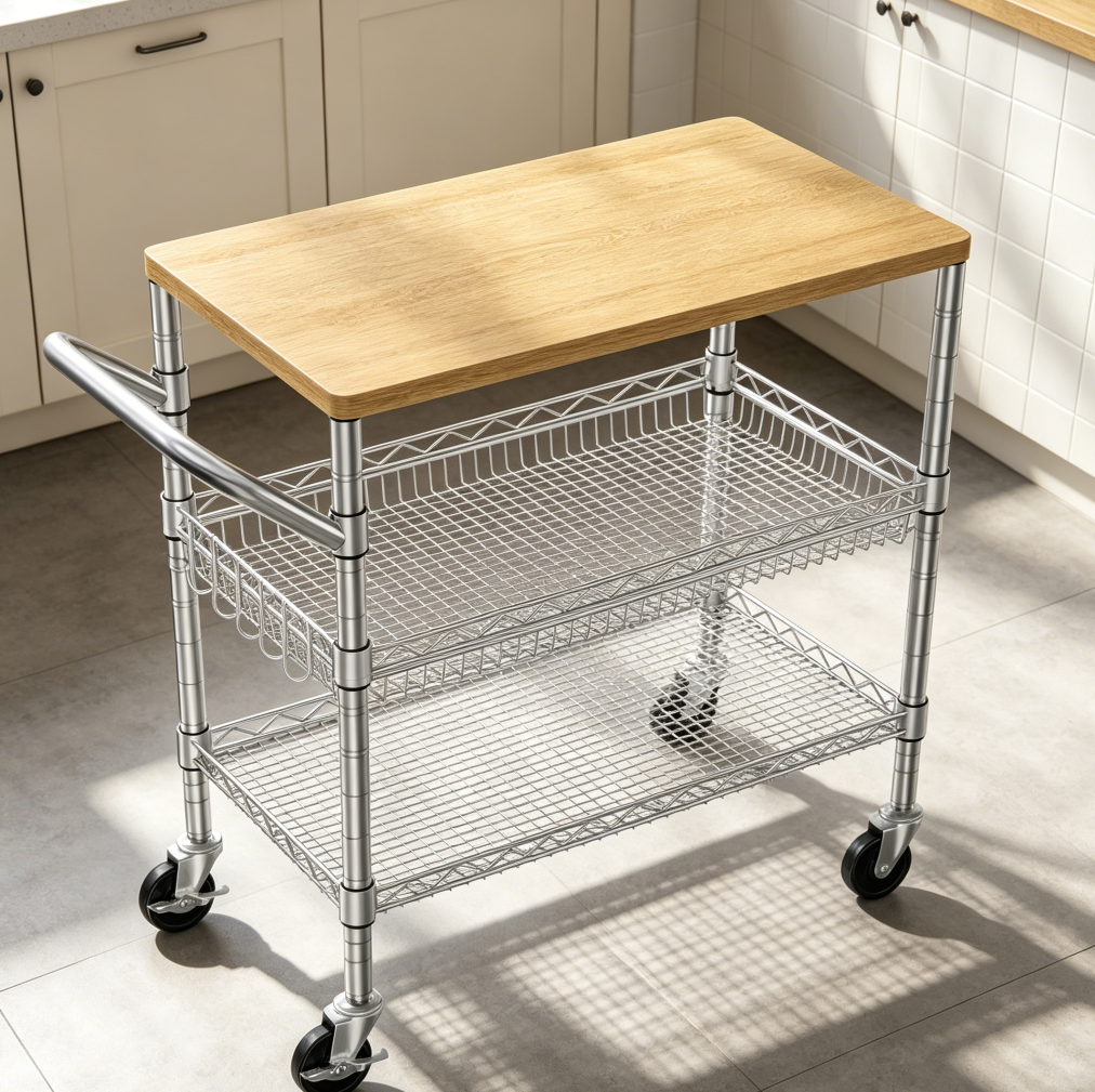 Heavy-Duty 3-Tier Rolling Kitchen Cart, 650 lbs Capacity, Wood Tabletop and Metal Frame, for Appliances and Food Preparation