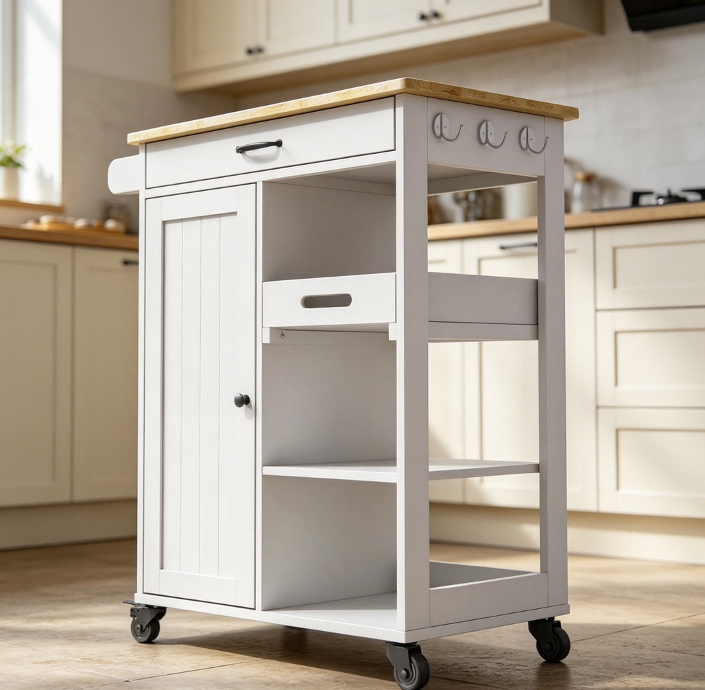 White Rolling Kitchen Island Trolley with Removable Tray, Drawer, Cupboard, Towel Rack, Hooks and 3 Open Shelves - Image 2