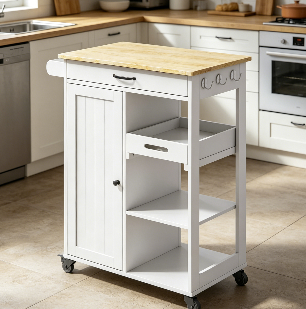 White Rolling Kitchen Island Trolley with Removable Tray, Drawer, Cupboard, Towel Rack, Hooks and 3 Open Shelves