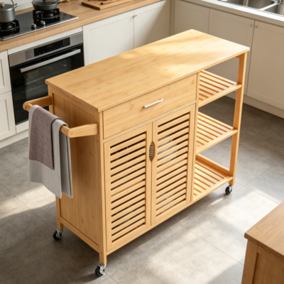 Natural Bamboo Mobile Kitchen Island Cart with Drawer, 2-Door Cupboard, 3-Tier Shelves and Towel Rack