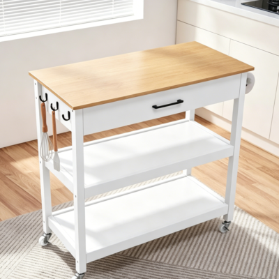White 3-Tier Rolling Kitchen Island Cart with Bamboo Tabletop, Drawer, Detachable Towel Bar and 3 Hooks