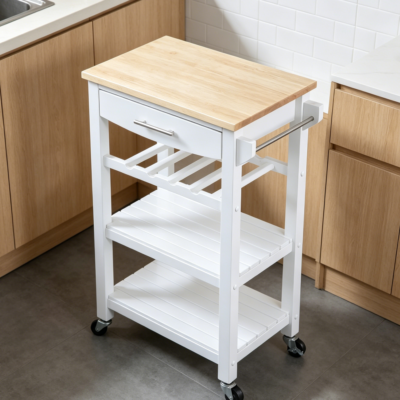 White 4-Tier Butcher Block Kitchen Cart on Wheels with Storage Drawer, Wine Rack and Coffee Station Table