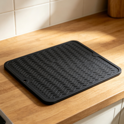 Silicone Dish Drying Mat, Non-Slip, Heat-Resistant Draining Pad for Counter, Sink and Fridge, Black